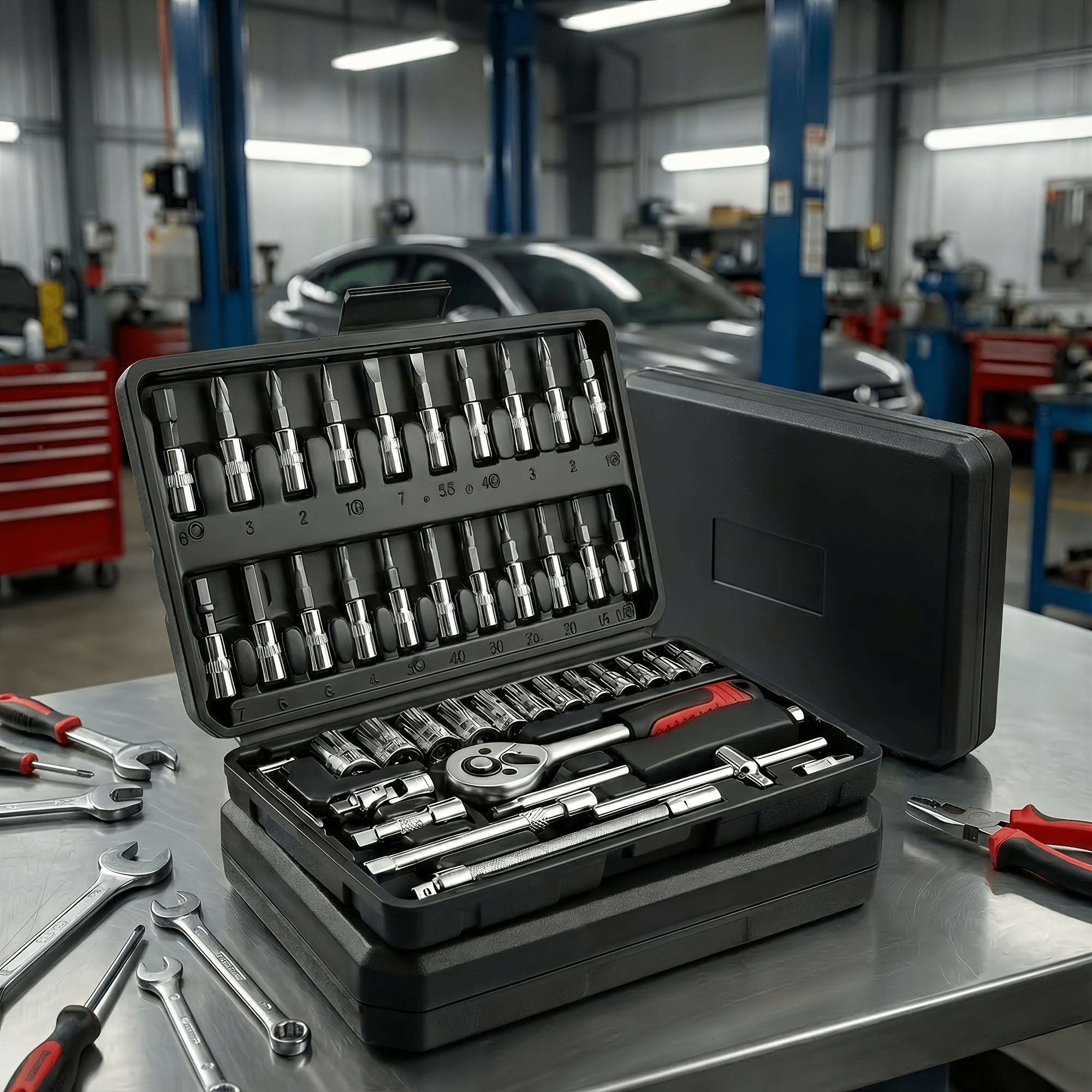 Mechanical Tool Set with Plastic Toolbox – Ratchet Handle, SAE & Metric Sockets, Extension Bar, Universal Joint, Slide Bar & Hex Keys | Manual Automotive Repair Kit | ShopVora CA