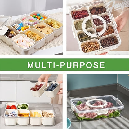 Snackle Box 8-Compartment Clear Divided Snack Container – 2 Pack with Lid & Handle, Portable Serving Tray for Fruit Veggies Cheese & Charcuterie, Travel Picnic Camping & Party – Blue