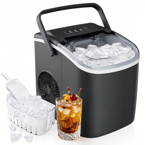Portable Countertop Ice Maker 26 lbs/24Hr – Makes 9 Ice Cubes in 6 Minutes, Self-Cleaning with Carrying Handle, Ice Basket & Scoop Included, for Kitchen, Camping & RV