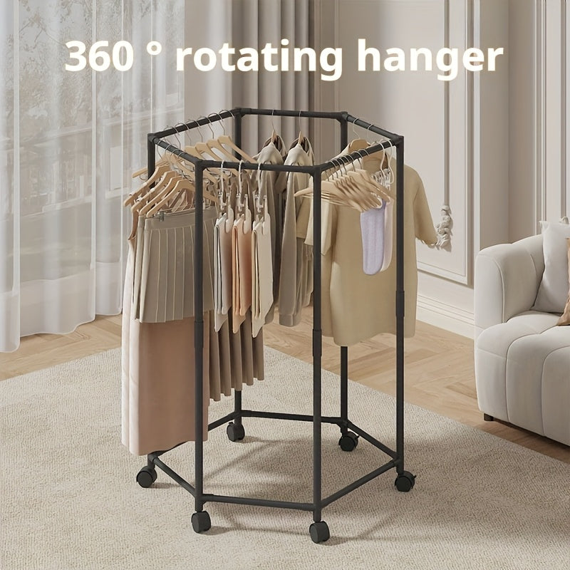 [Rotatable Clothing Rack] Sturdy 16mm Metal Tube Hexagonal Rotatable Clothing Rack with Wheels | Freestanding Vertical Garment Hanger, Portable Design for Efficient Clothes Storage and Display, Black/ White, Laundry Room Organizer