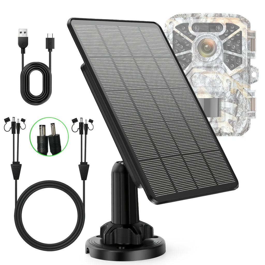 Solar Panel for Trail Cameras, Offering 12V/1A And 6V/2A Options, Equipped with a Built-In 5000Mah Rechargeable Lithium Battery, Designed to Be And Compatible with Hunting Game Cameras Or Deer Feeders