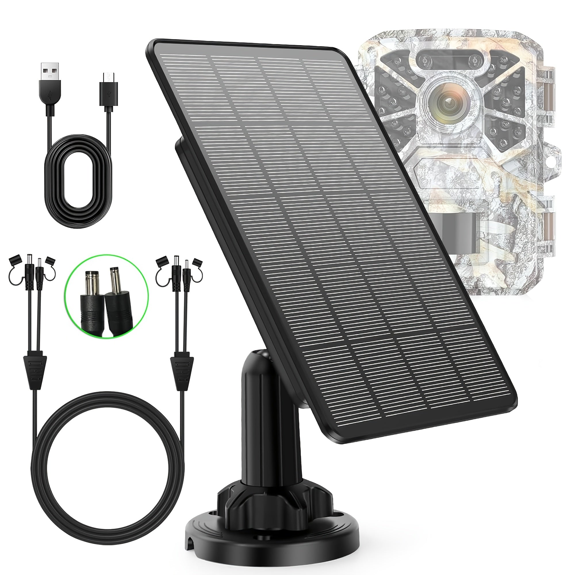 Solar Panel for Trail Cameras, Offering 12V/1A And 6V/2A Options, Equipped with a Built-In 5000Mah Rechargeable Lithium Battery, Designed to Be And Compatible with Hunting Game Cameras Or Deer Feeders