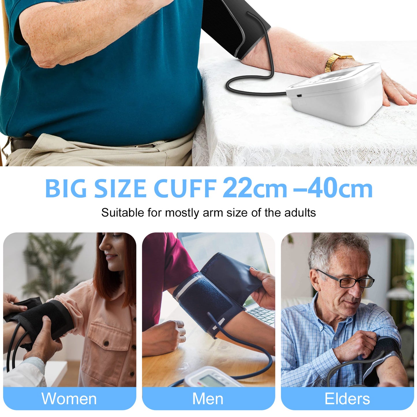 Portable Upper Arm Blood Pressure Monitor with Voice Reports & Hypertension Alert – Large LCD Display, One-Touch Operation, 2×99 Memory, Adjustable Cuff, Home & Travel BP Monitor for Seniors & Pregnant Women