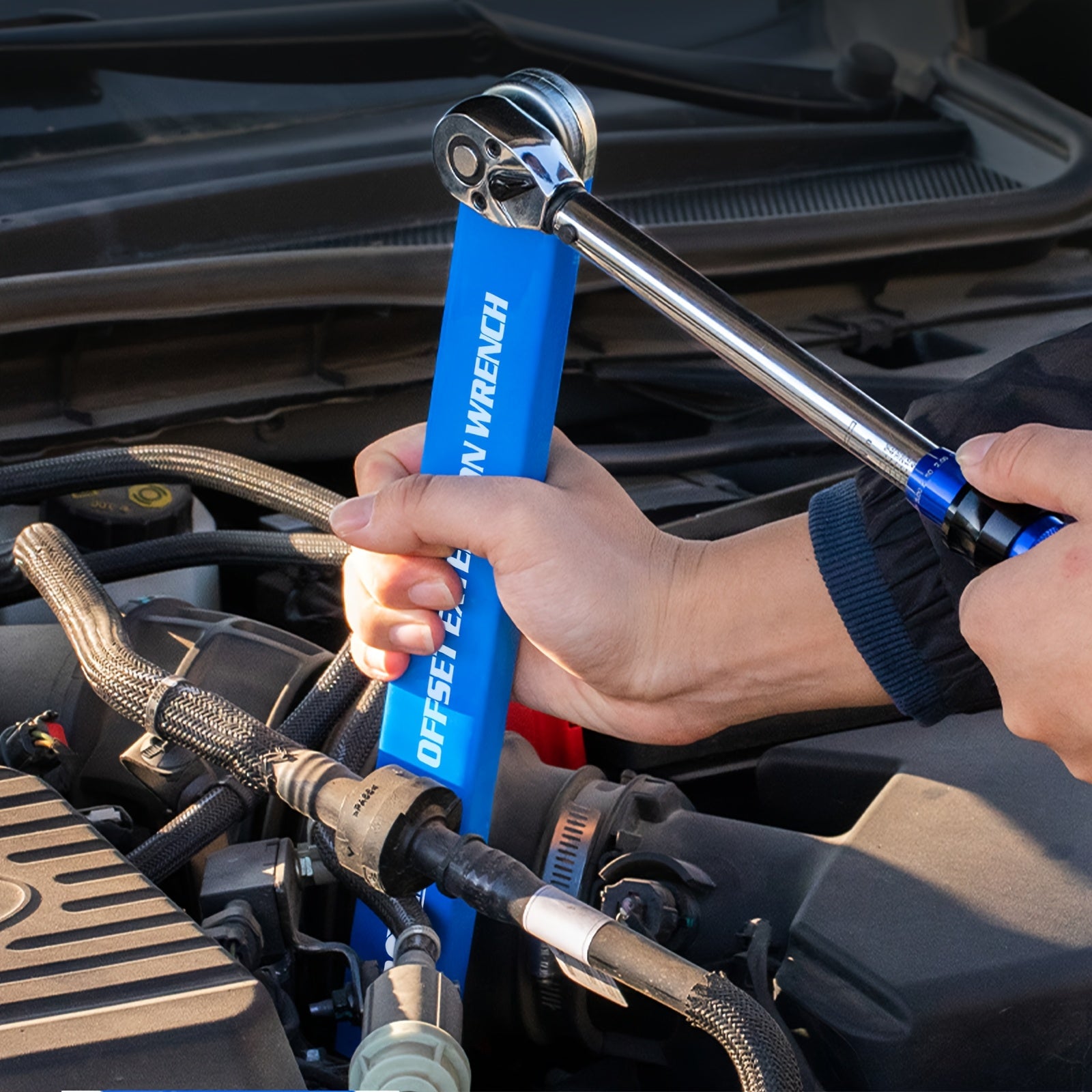 2-in-1 Multi-Function Ratchet Offset Extension Wrench with 1/2", 1/4" and 3/8" Square Head Adapters for Tight Spaces, 180 Degree Swivel, High Torque, Non-Slip Handle, Durable Metal