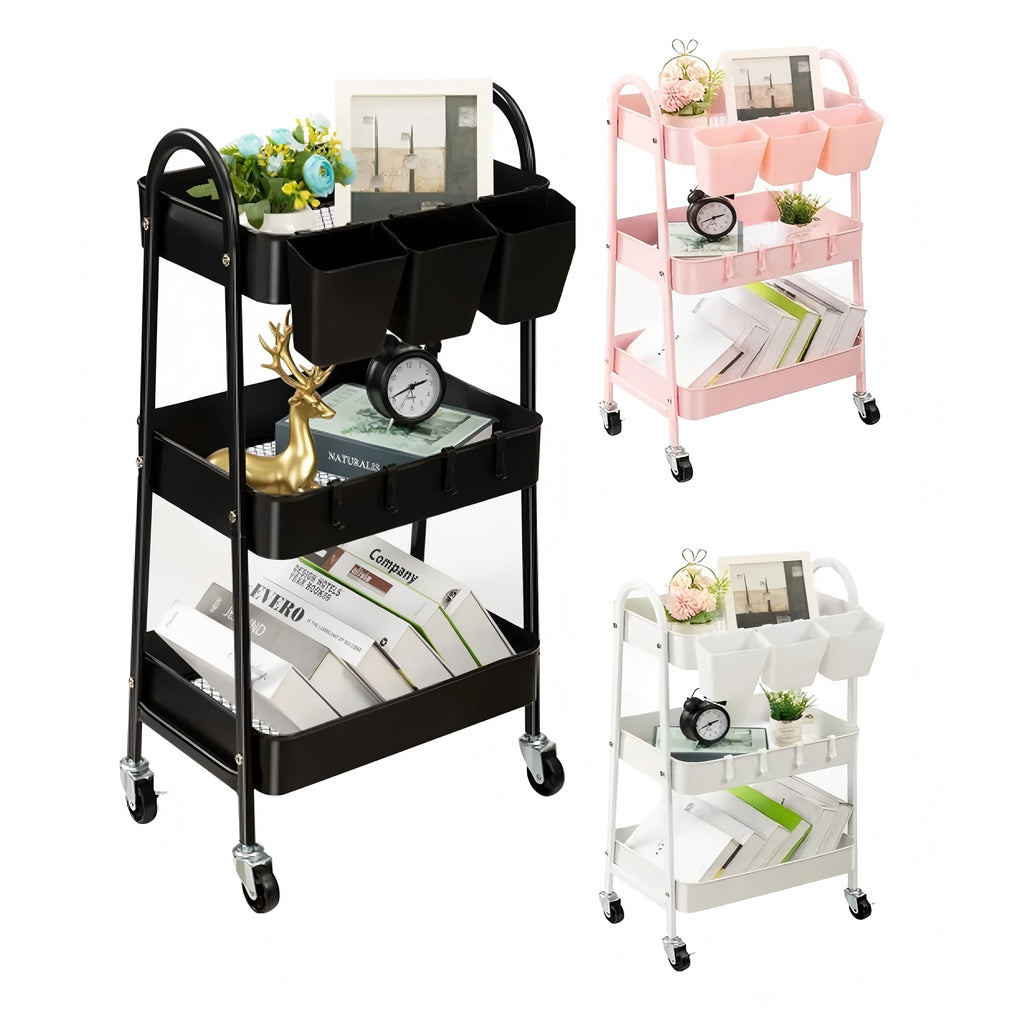 Three-Tier Metal Caster Cart with Lockable Wheels Three-Tier Rolling Book & Snack Cart Multi-Purpose Storage Cart for Kitchen, Bathroom, Garage, Baby Diapers, Crafts, Art Supplies, and Teachers