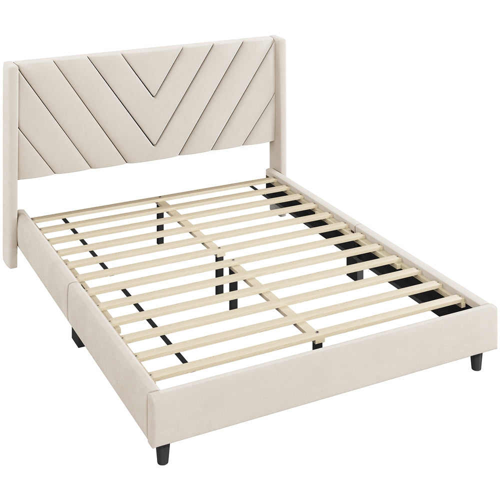 ALDEN DESIGN Upholstered Platform Bed,Upholstered Platform Bed with Wing Edge, Bed Frame with Wooden Support Slats, Upholstered Platform Bed with Tufted Headboard, Upholstered Bed with Headboard, Queen/Full,Beige/Dark Gray/Light Gray/Pink