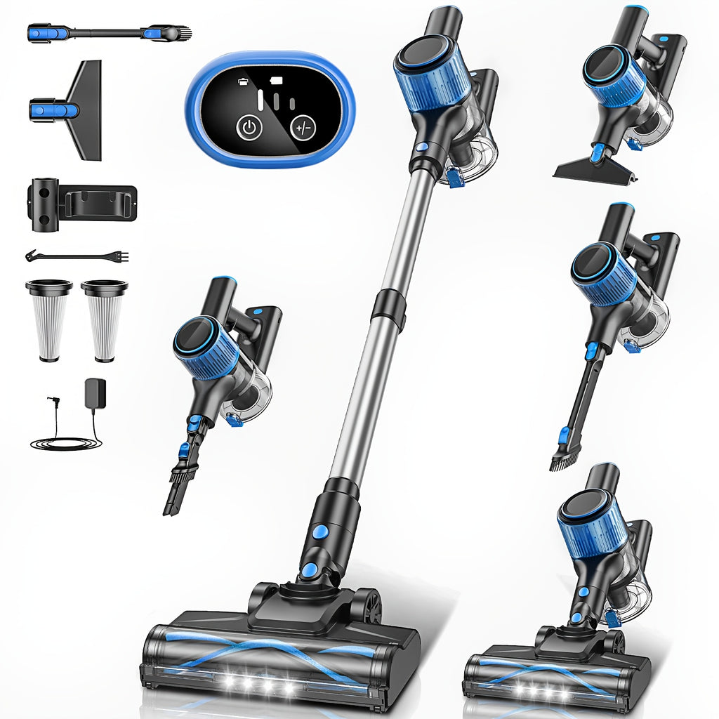 Cordless Vacuum Cleaner, 8-in-1 Lightweight Stick Vacuum with Powerful Suction, 3 Suction Modes, LED Display, Anti-Tangle Vacuum Cleaner for Home, Hard Floor, Carpet, Pet Hair, Blue
