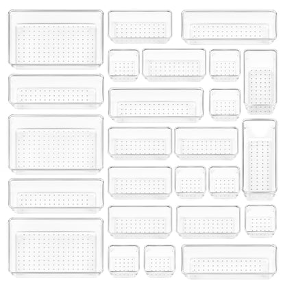 Clear Makeup Drawer Organizer Set 25/37pcs – Stackable Plastic Storage Bins 4-Size for Vanity Bathroom Cosmetics Lipstick Skincare & Accessories