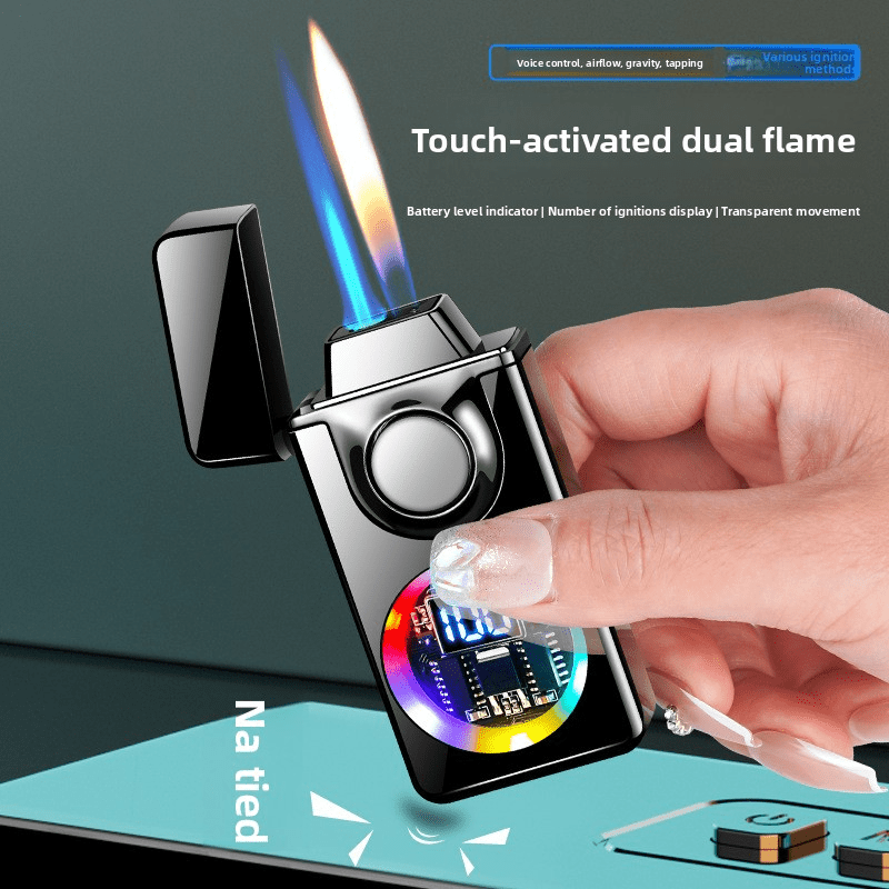 BNMQ Intelligent Voice Control Butane Lighter, 5 Ignition Modes, Visible Transparent Window, Portable Metal Flip Induction Lighter