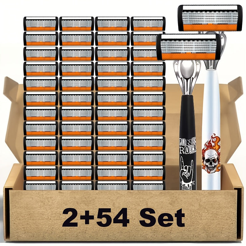 Men's Stainless Steel Manual Razor Set - 1 or 2 Handles with 18/36/54 Replacement Blades, High-Quality Manual Shaver Kit for Men, Close Shave Razor with Bulk Blade Pack Value Set