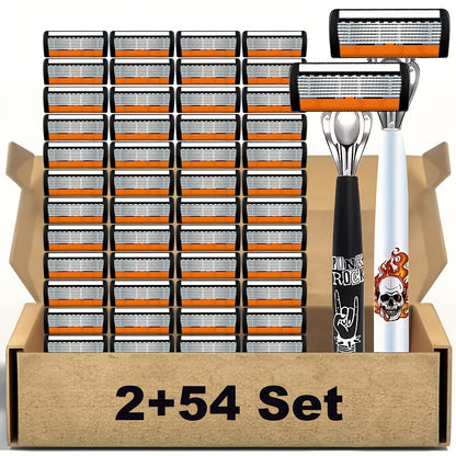 Men's Stainless Steel Manual Razor Set - 1 or 2 Handles with 18/36/54 Replacement Blades, High-Quality Manual Shaver Kit for Men, Close Shave Razor with Bulk Blade Pack Value Set