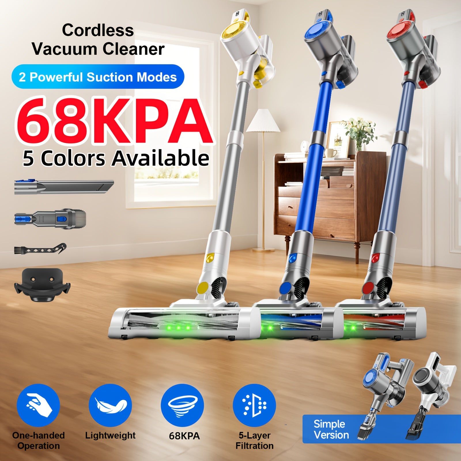 Max 68Kpa Vacuum Cleaner for Home - Lightweight, Stick Vacuum Clean with Large-Capacity Battery, Max 45Mins Runtime, 8in 1 Handheld Vacuum for Hardfloor & Carpets Pet Hair Includes Corded And Cordless Vacuum Cleaners