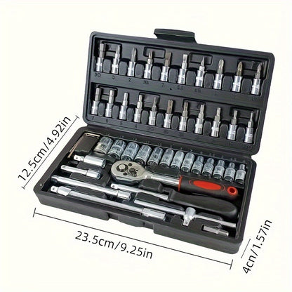 Mechanical Tool Set with Plastic Toolbox – Ratchet Handle, SAE & Metric Sockets, Extension Bar, Universal Joint, Slide Bar & Hex Keys | Manual Automotive Repair Kit | ShopVora CA