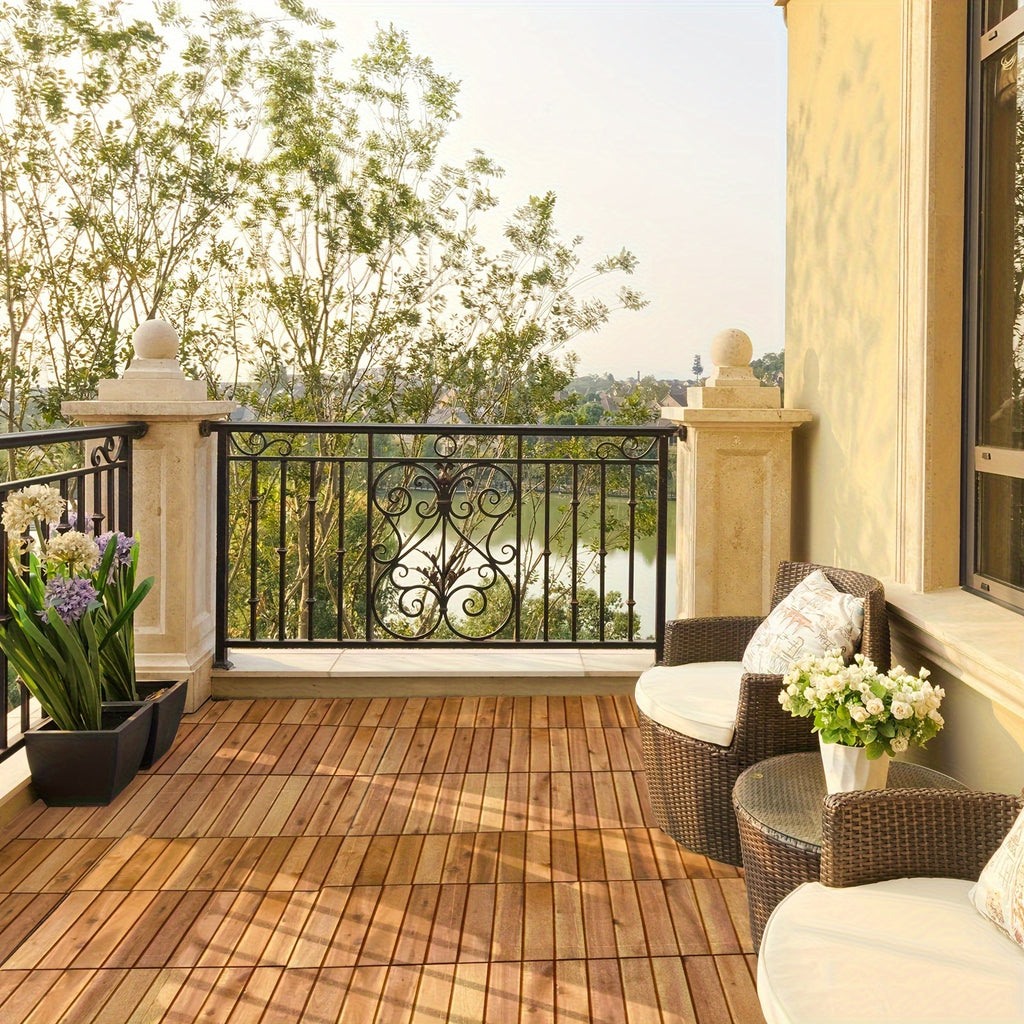 Costway 27PCS Patio Interlocking Tiles Acacia Slat Wood Garden Outdoor &Indoor