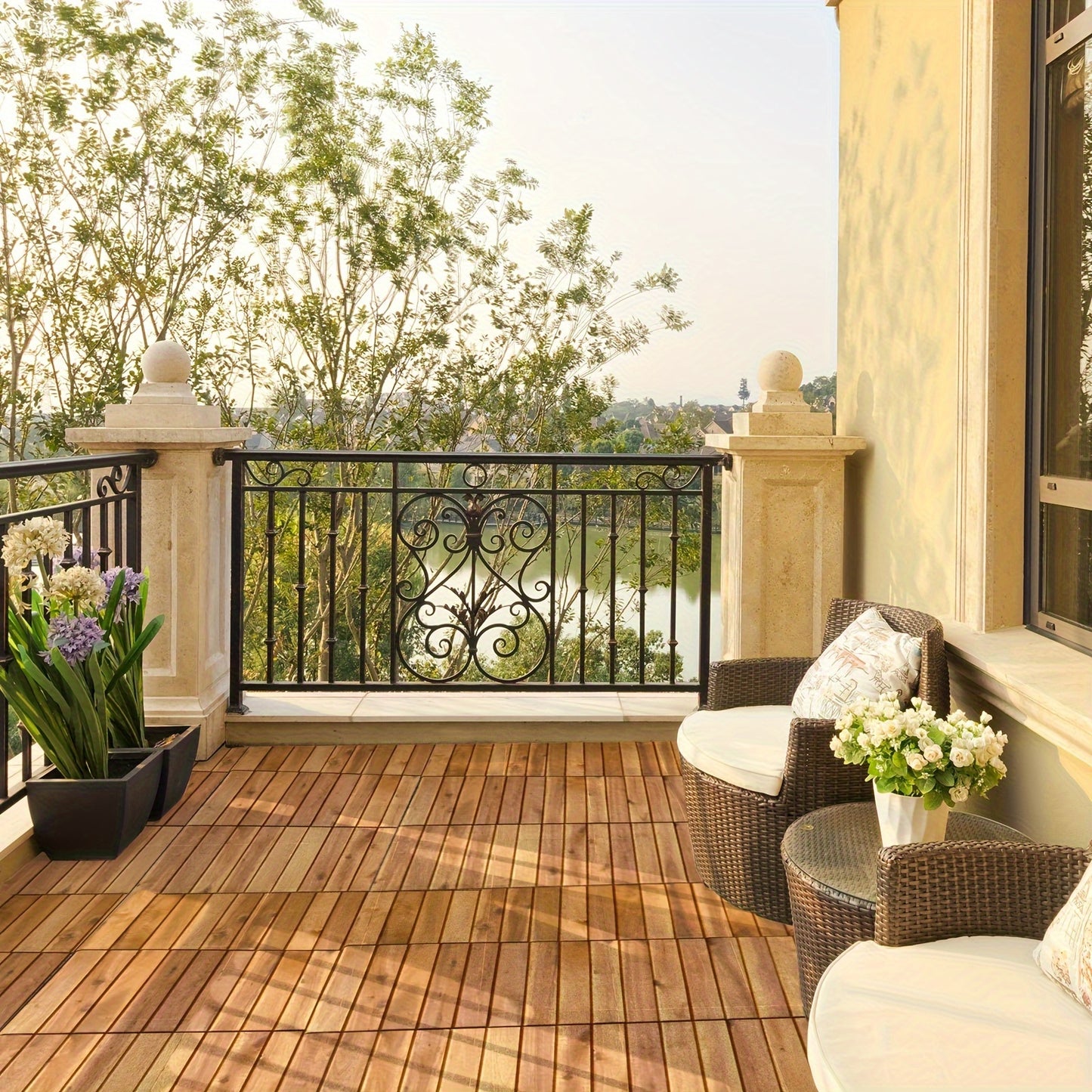 Interlocking Deck Tiles Acacia Wood – 27-Pack 27 Sq Ft, 12x12 Inch Oil-Finished Slat Patio Tiles for Outdoor Patio, Balcony & Garden | Easy No-Tool Install, Indoor & Outdoor Flooring