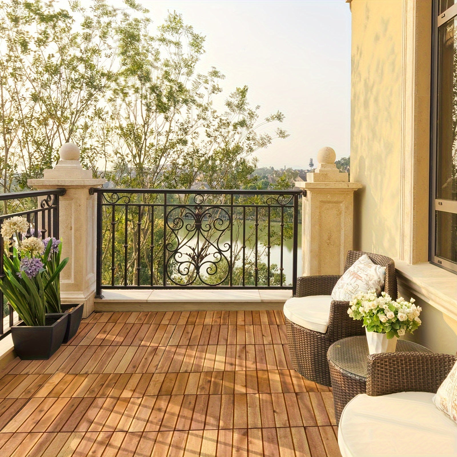 Costway 27PCS Patio Interlocking Tiles Acacia Slat Wood Garden Outdoor &Indoor