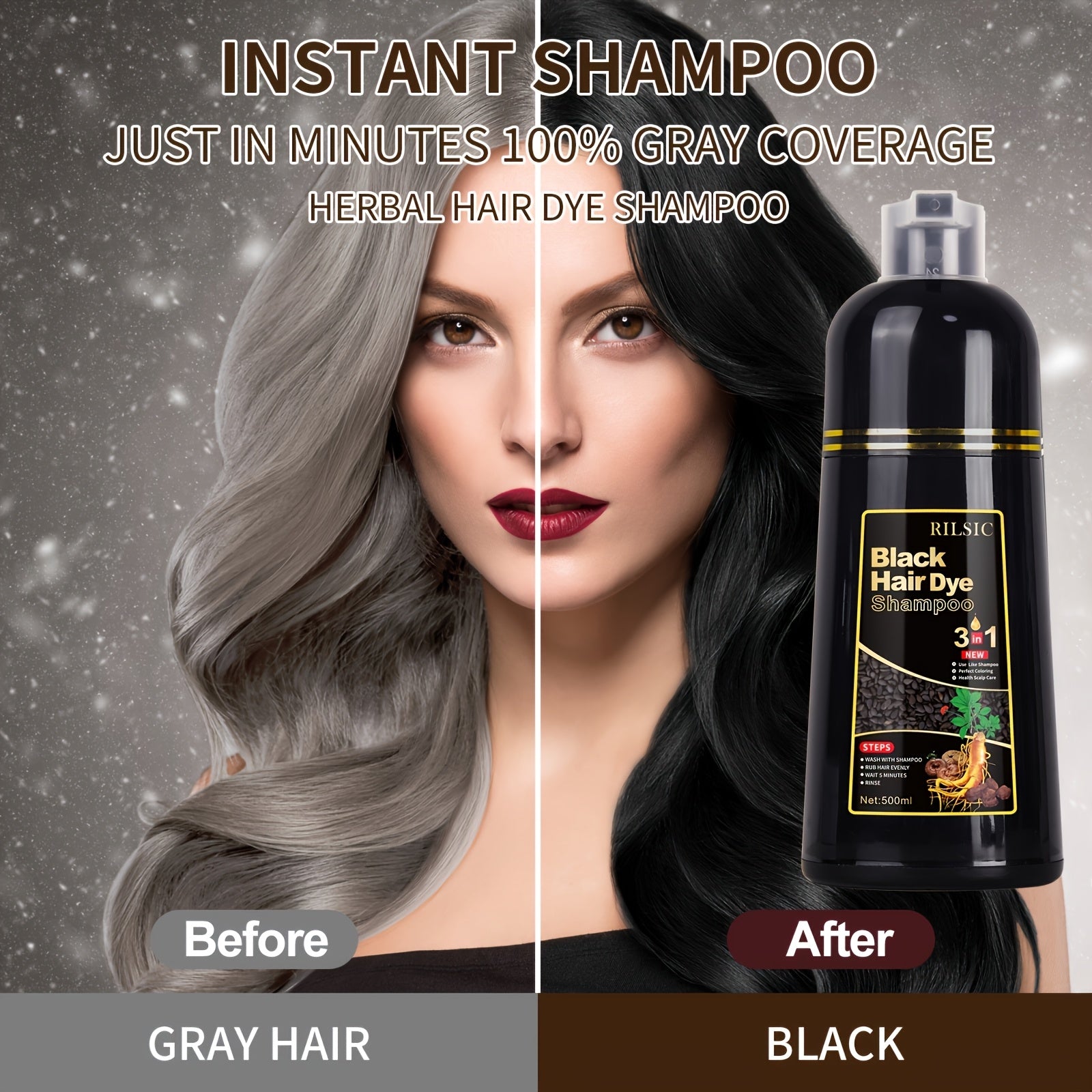 3-in-1 Hair Dye Colour Shampoo – Instant Grey Hair Coverage, Ammonia Free Herbal Formula, Lasts 30 Days for Men & Women | 16.91oz Natural Hair Colouring