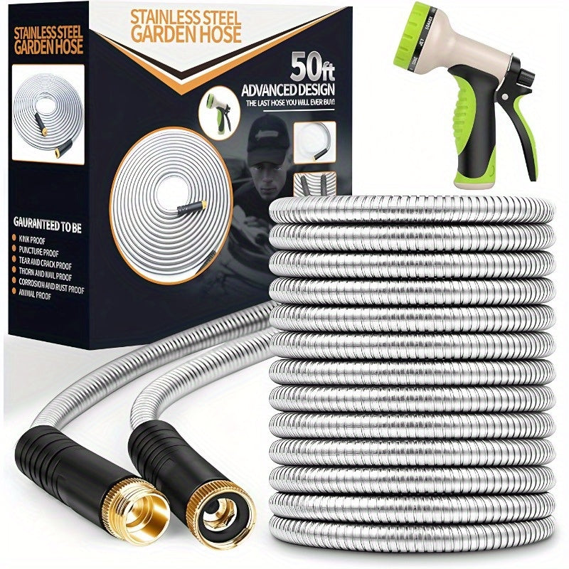 100Ft Heavy Duty Stainless Steel Garden Hose with 10-Function Nozzle & 3/4" Connector - Flexible Leak-Proof Water Pipe for Yard, Lawn, Car Wash & Pet Cleaning, Reinforced Outdoor Garden Hose