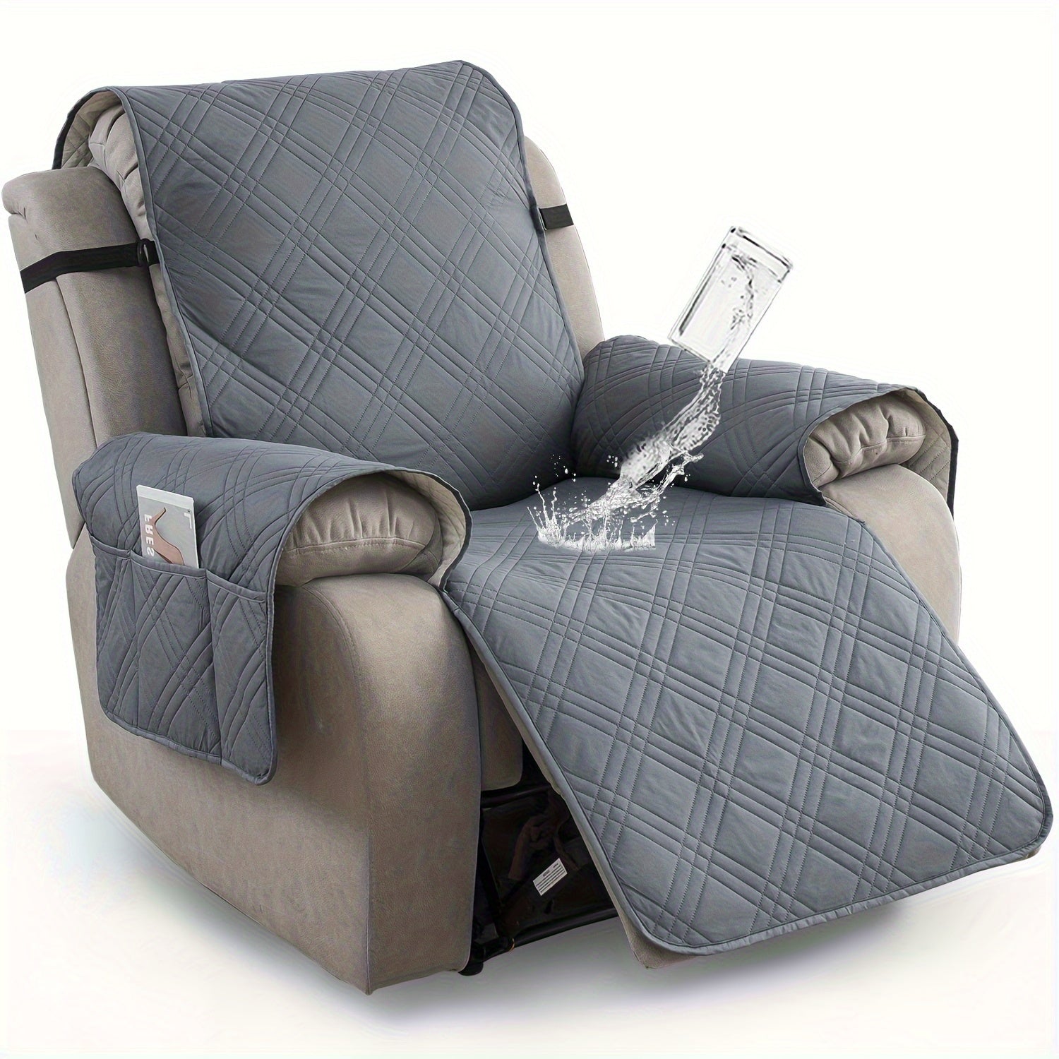 Waterproof Recliner Chair Cover Non-Slip Slipcover with Pocket – 5-Layer Quilted Furniture Protector for Pets, Washable, Easy Install, Elastic Straps – 9 Colours Including Black, Grey & Beige