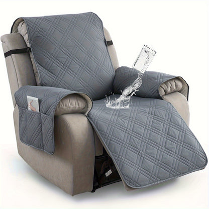 Waterproof Recliner Chair Cover Non-Slip Slipcover with Pocket – 5-Layer Quilted Furniture Protector for Pets, Washable, Easy Install, Elastic Straps – 9 Colours Including Black, Grey & Beige