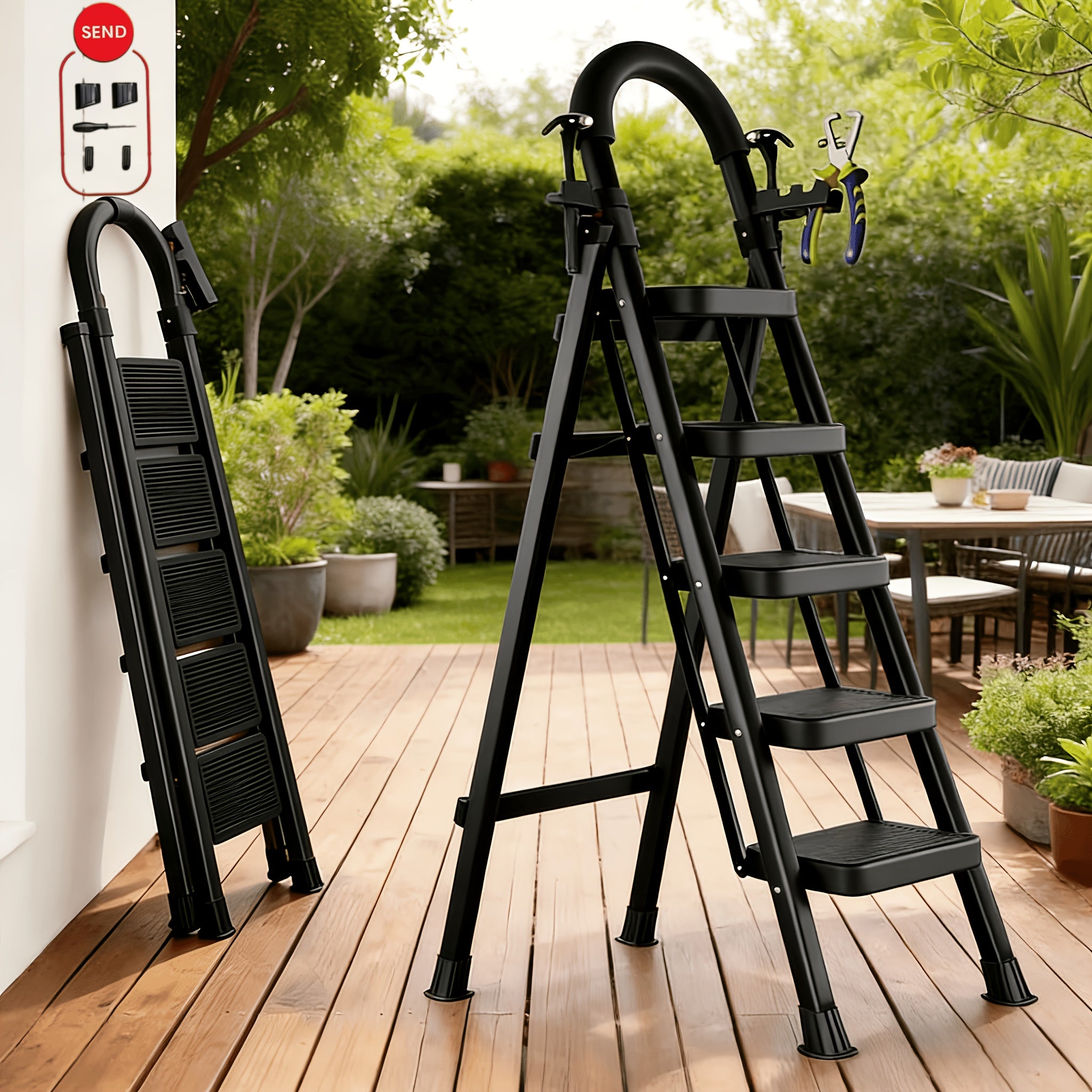 500 Lbs Folding Step Ladder – 3/4/5 Step Heavy-Duty Steel, Anti-Slip Wide Treads, Handrails & Safety Lock, Portable Multi-Use Step Stool for Home, Kitchen & Workshop