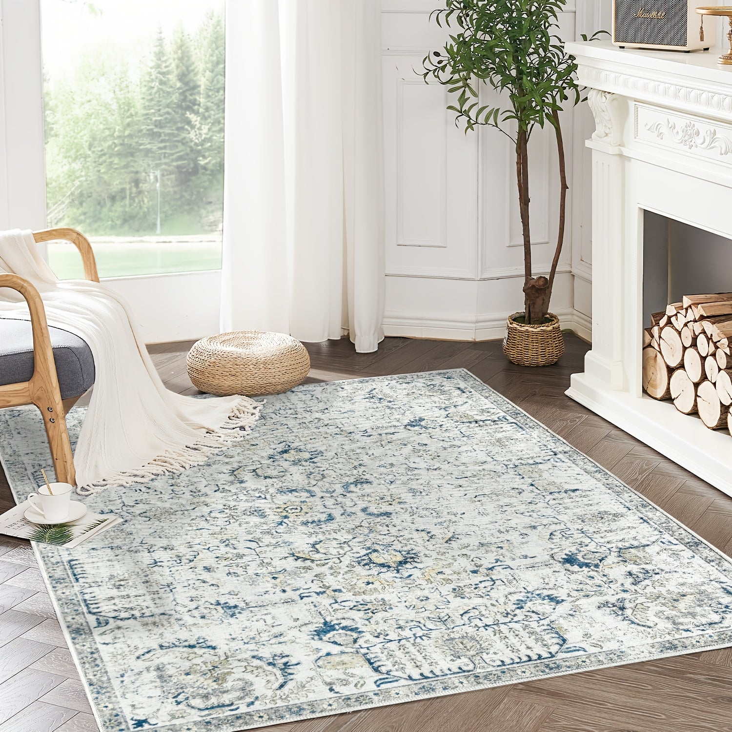 Vintage Boho Distressed Floral Area Rug – Machine Washable, Non-Slip Backing, Stain Resistant – Retro Oversized Accent Carpet for Living Room, Bedroom, Kitchen & Dining Room