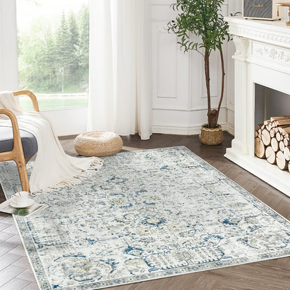 Vintage Boho Distressed Floral Area Rug – Machine Washable, Non-Slip Backing, Stain Resistant – Retro Oversized Accent Carpet for Living Room, Bedroom, Kitchen & Dining Room