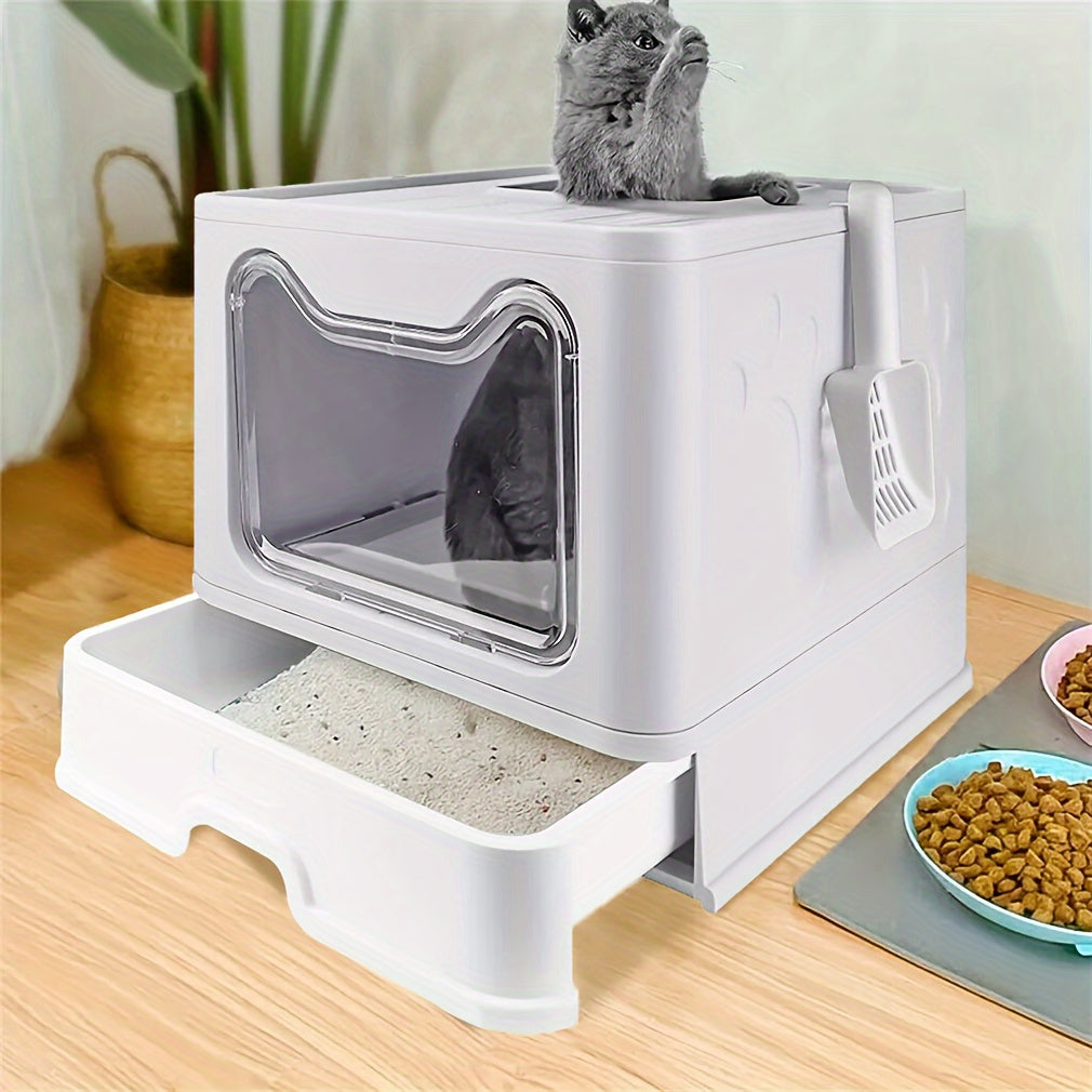 Enclosed Cat Litter Box with Drawer & Scoop – Top-Entry Skylight Design, Odour Control, Easy Clean Litter Tray for Cats up to 10kg, Modern Gray