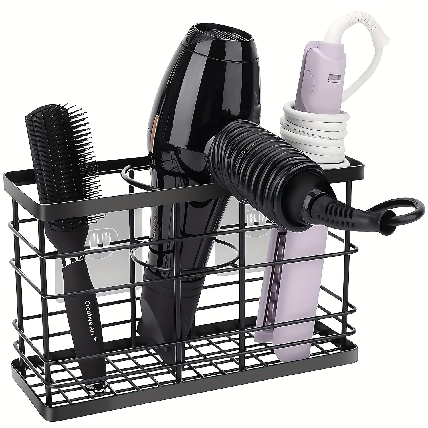 Wall-Mounted Hair Dryer Holder with Non-Adhesive Stickers - Black Plastic, Space-Saving Organizer for Bathroom, Includes Clamp for Secure Installation, Features a Easy-Access Slot for Styling Tools, Shelves