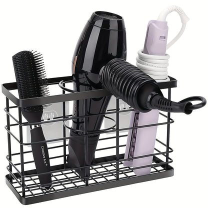 Wall-Mounted Hair Dryer Holder 3-in-1 Bathroom Organizer – Over Door & Wall Mount, Adjustable Height, Holds Dryer Curling Iron Straightener, Black