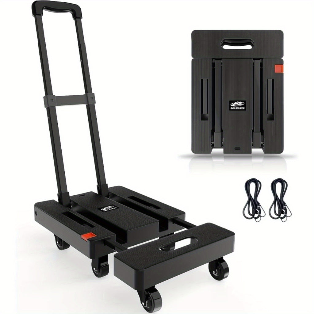 SPACEKEEPER Folding Hand Truck, 500 Lbs Heavy Duty Foldable Luggage Cart, 6 Wheels Utility Dolly Platform Cart with 2 Elastic Ropes, Portable Collapsible Dolly Cart with Extendable Base, Black Folding Cart, Travel, Moving, Shopping, Industry, Office