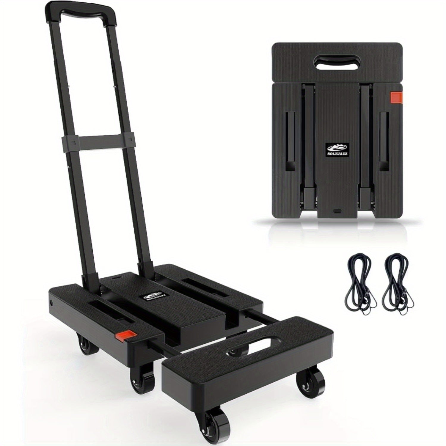 SPACEKEEPER Folding Hand Truck, 500 Lbs Heavy Duty Foldable Luggage Cart, 6 Wheels Utility Dolly Platform Cart with 2 Elastic Ropes, Portable Collapsible Dolly Cart with Extendable Base, Black Folding Cart, Travel, Moving, Shopping, Industry, Office