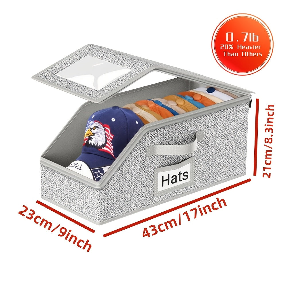 Stackable Baseball Cap Storage Box with Transparent Window – Sturdy Cardboard Hat Organizer Box for Caps, Underwear, Socks & Toys, Space-Saving Closet Storage for Men – Gray, 1 or 2 Pack