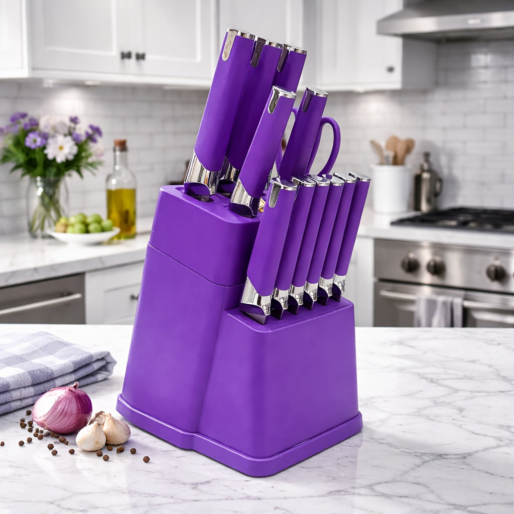13-Piece Kitchen Knife Set with Block & Holder – 6 Steak Knives, Chef Knife, Bread Knife & Scissors Included – Sharp Stainless Steel Blades – Housewarming Gift for Home Cooks