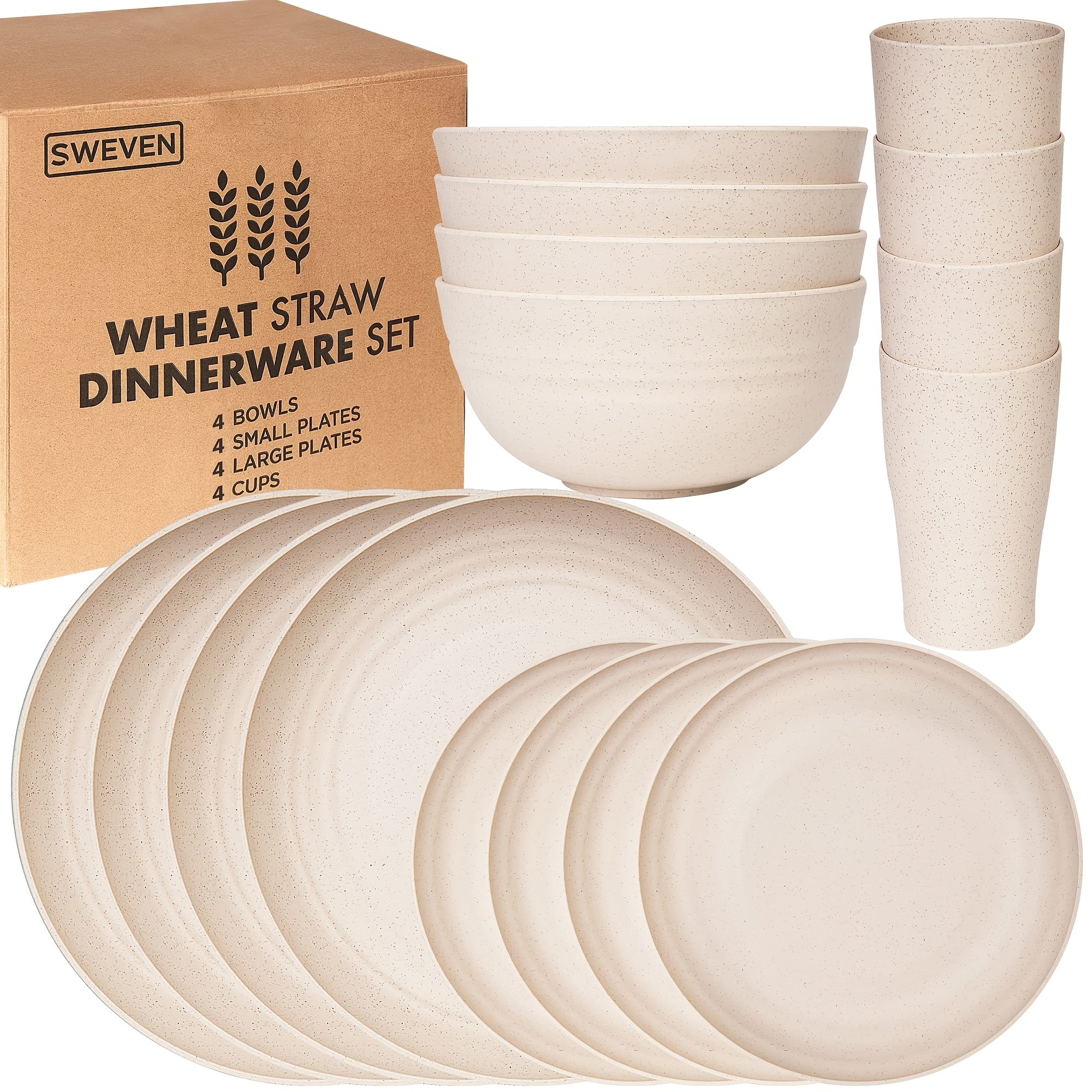 16/32pcs Plastic Dinnerware Set, Dinner Plates, Dessert Plates, Cereal Bowls & Cups, Dishwasher & Microwave Safe, Durable Lightweight – Camping, Family, RV & Outdoor Use – Black, White, Multicolour