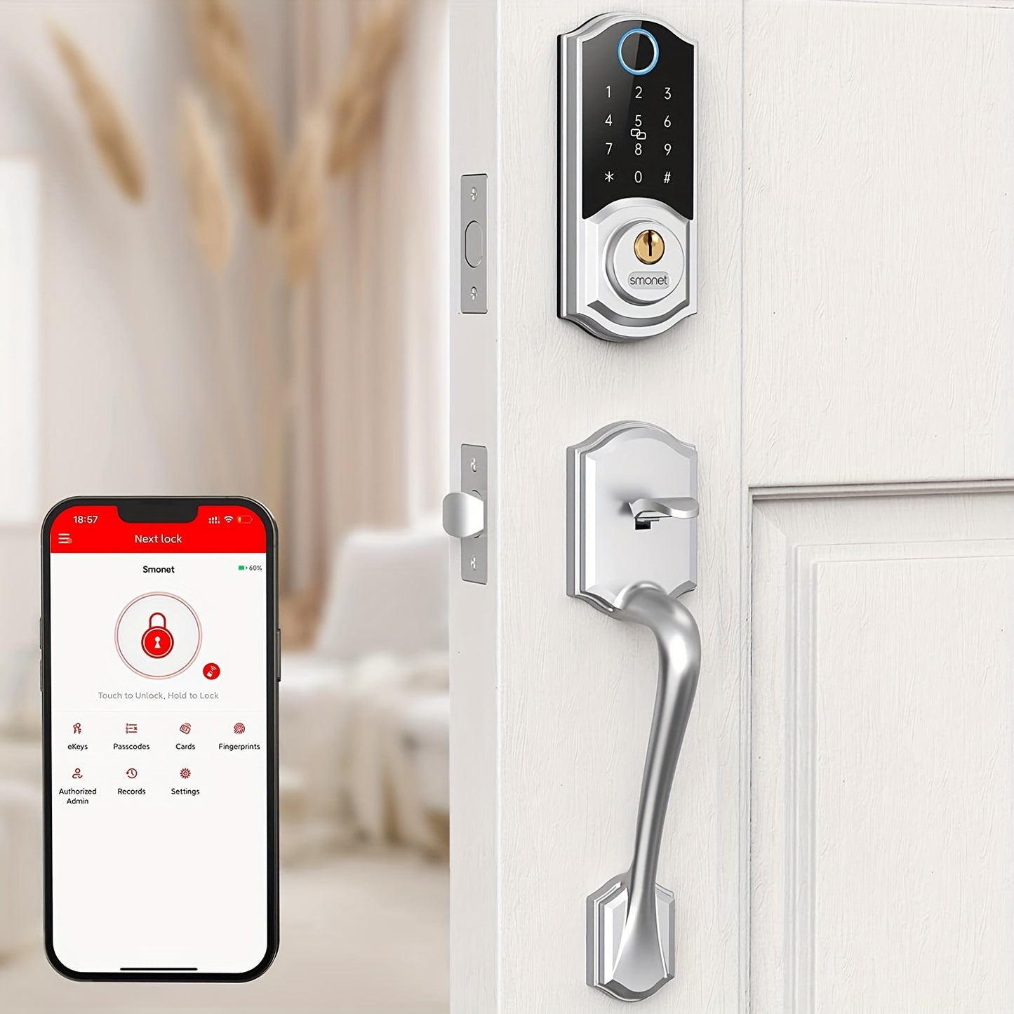 SMONET Y1 Smart Door Lock Alexa Compatible, Fingerprint Keypad Bluetooth Deadbolt, Keyless Entry with Auto-Lock, App Control — Front Door Handle Set Canada