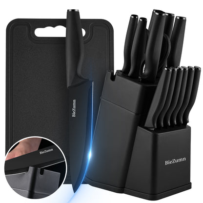 Black Knife Set with Sharpening Block Stainless Steel – Dishwasher Safe Kitchen Utensils Including Chef Knife, Utility Knife, Peeler & More – Sleek Black Design for Home Kitchen