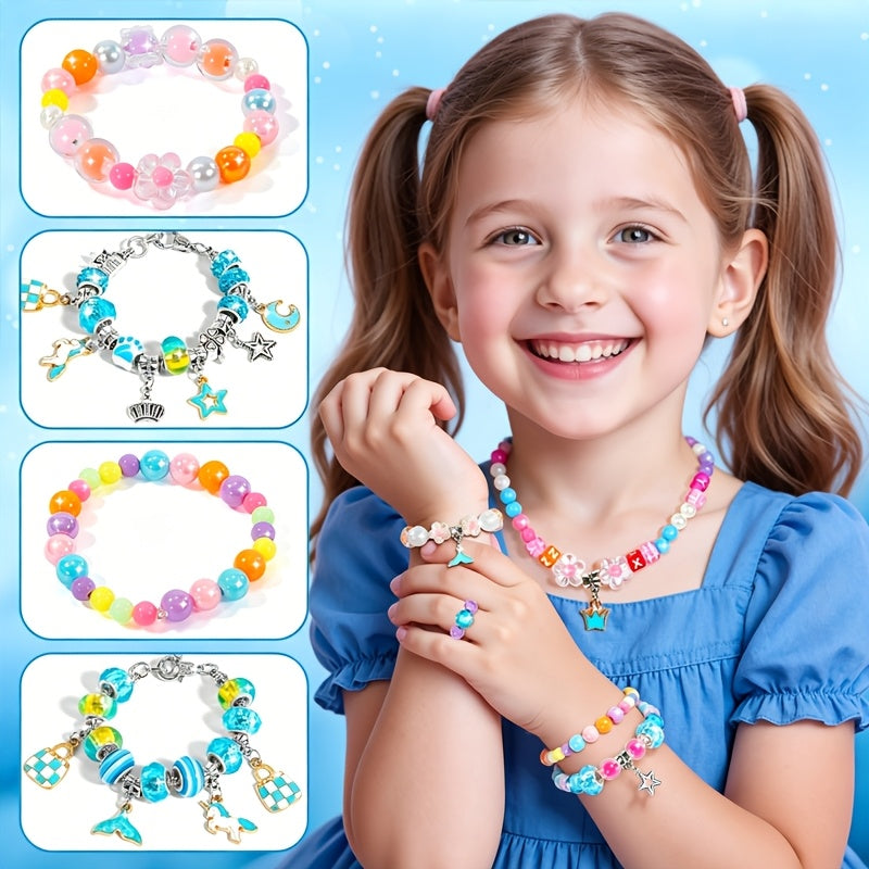 Pink/ Blue Princess DIY Beaded Jewelry Set with Categorized Jewelry Box, Mirror, Bracelets & Necklaces, Toy Gifts for Girls Kids Ages 3+