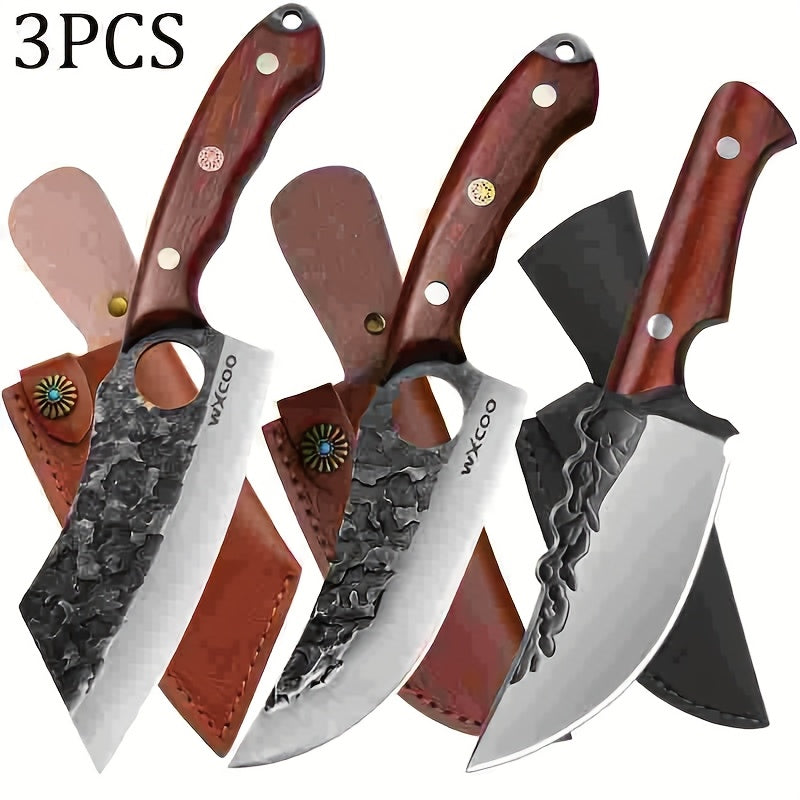 Professional Kitchen Knife Set 3/6pcs – 5CR15MoV Stainless Steel Chef, Boning & Utility Knives with Hammered Blade & Wood Handle, Multi-Function Knives for Home Cooking, BBQ, Camping & Meat Prep