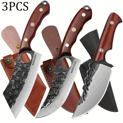 Professional Kitchen Knife Set 3/6pcs – 5CR15MoV Stainless Steel Chef, Boning & Utility Knives with Hammered Blade & Wood Handle, Multi-Function Knives for Home Cooking, BBQ, Camping & Meat Prep