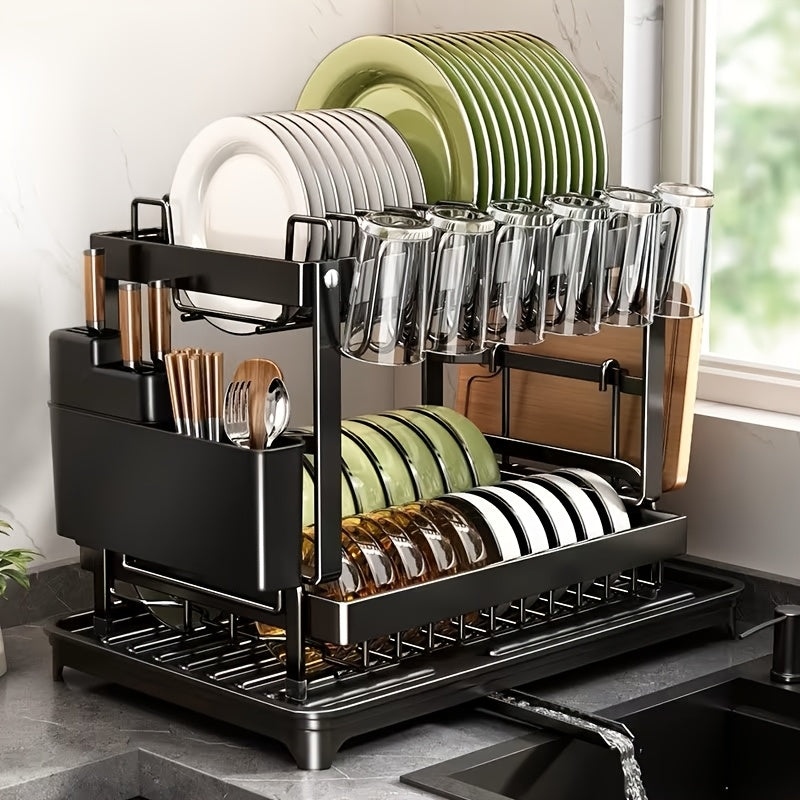 Food Service Tools And Tableware, 2-Layer Carbon Steel Dish Drainer with Drip Tray And Utensil Rack, Kitchen Counter Dish Drying Rack