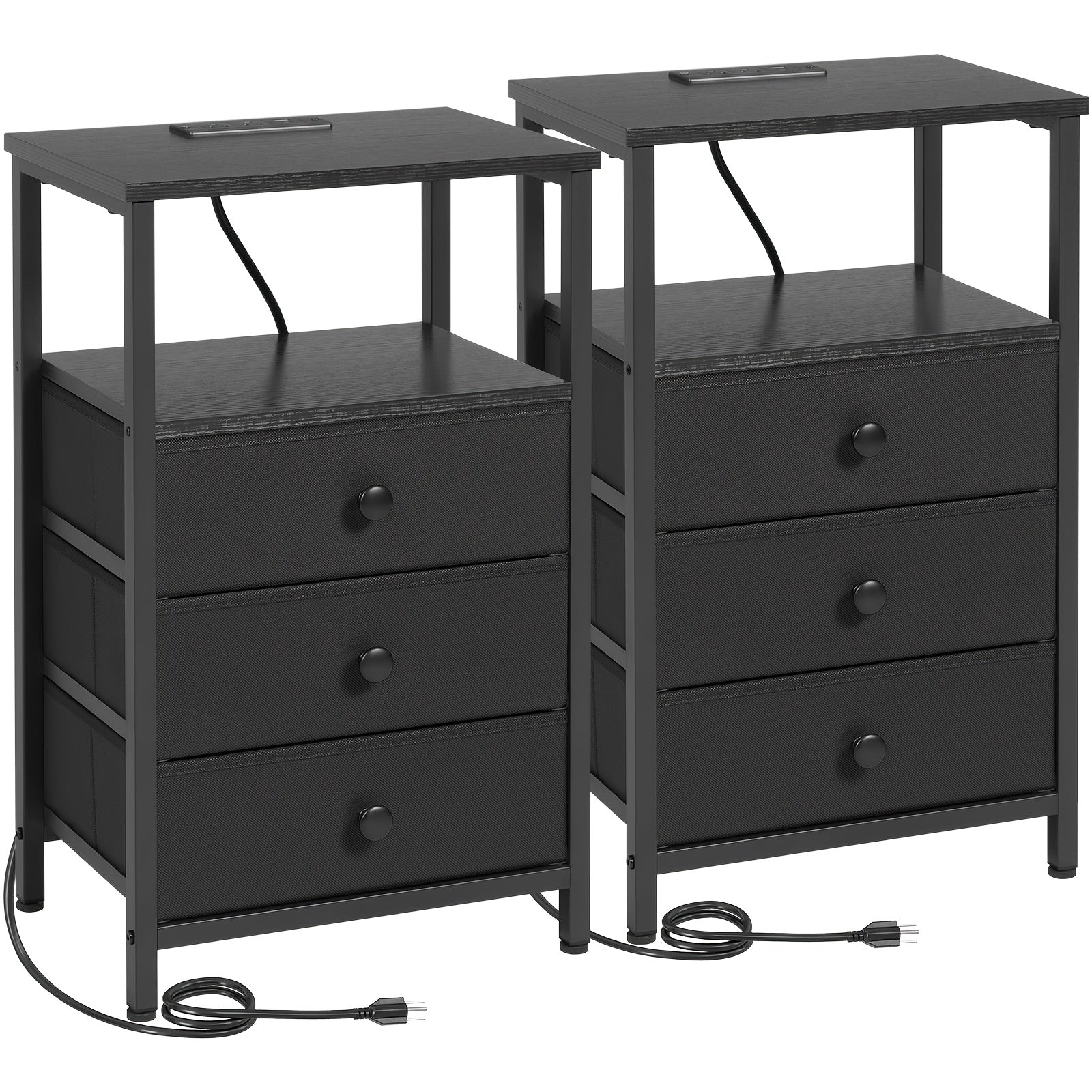 AMHANCIBLE Nightstand with Charging Station & 3 Fabric Drawers - Modern Bedside Table Set of 1 or 2, Spring Design, Bedroom & Living Room End Table Storage