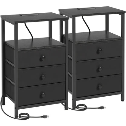 AMHANCIBLE Nightstand with Charging Station & 3 Fabric Drawers - Modern Bedside Table Set of 1 or 2, Spring Design, Bedroom & Living Room End Table Storage