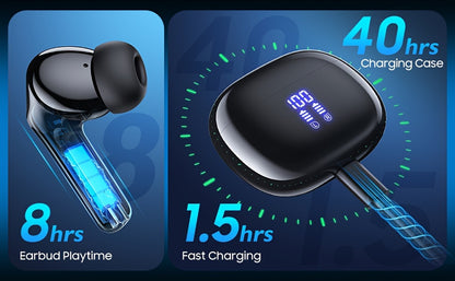 Bluetooth Earbuds 40Hr Battery – BT 5.3 Touch Control, Hi-Fi Stereo, ENC Noise Cancelling Mic, LED Charging Case, Deep Bass Earphones for Sports & Workout