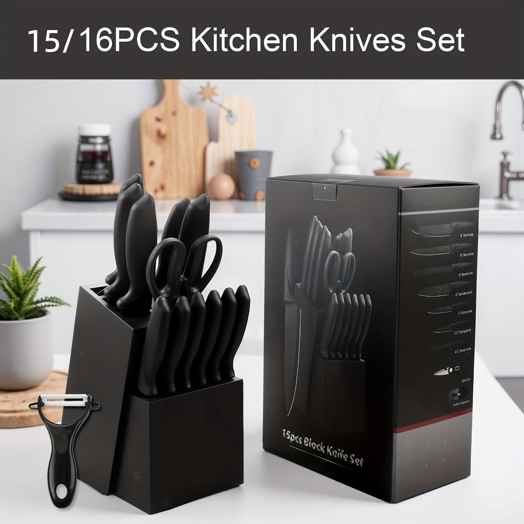 Hammer Pattern Full-Tang Knife Set with Wooden Block – Ultra Sharp Stainless Steel Kitchen Knives, 15/16/20-Piece, Ergonomic Handle, Restaurant & Home Use, Christmas Gift for Men | ShopVora CA