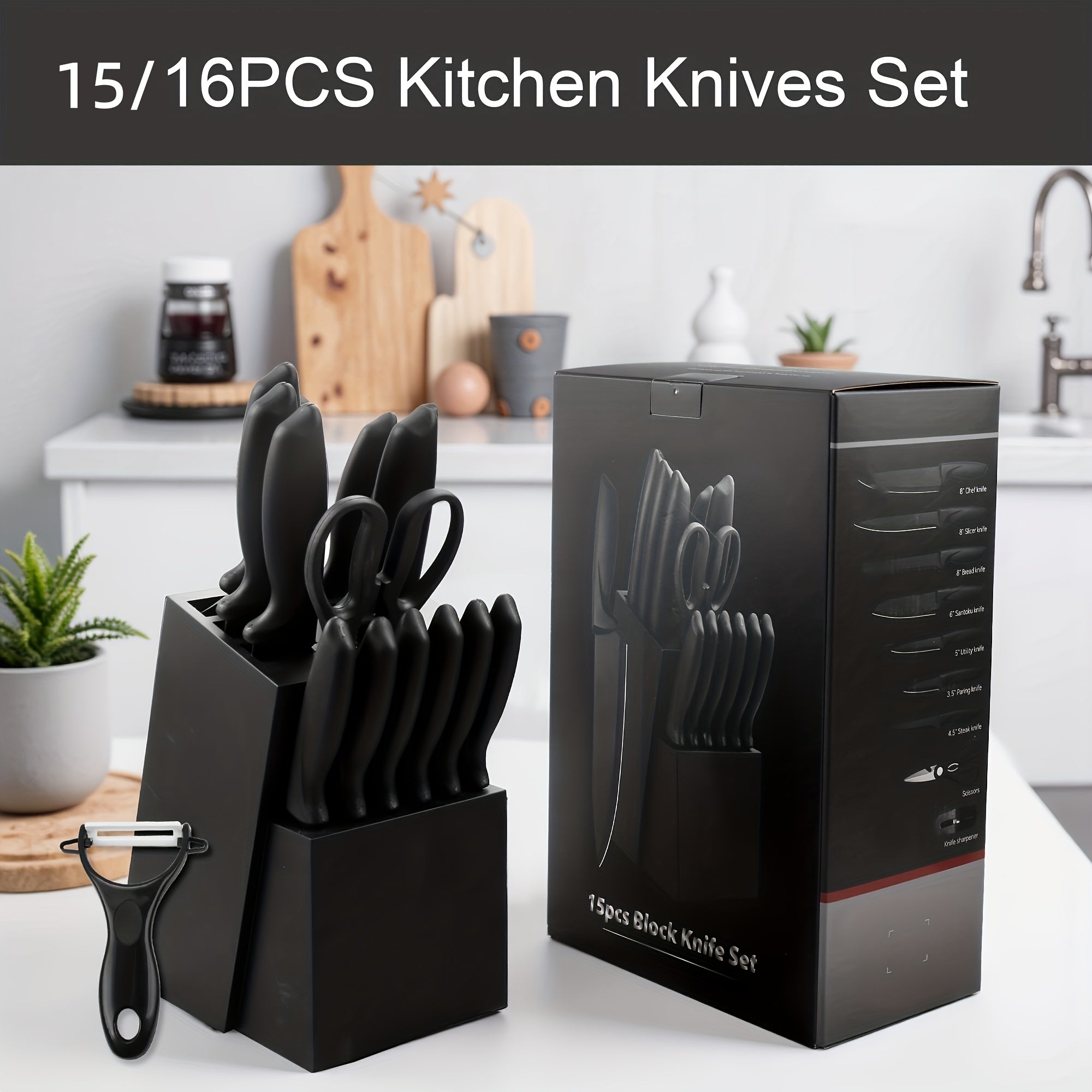 Knife Set, 15/16/20pcs Knife Set with Block Wooden, Stainless Steel Knife Block Set, Ultra Sharp, Full-Tang Design, Irregular Hammer Patter, Kitchen Must Have, for Restaurant, Suitable for Christmas Gift, Ideal Knife Set for Men