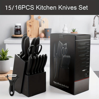 Hammer Pattern Full-Tang Knife Set with Wooden Block – Ultra Sharp Stainless Steel Kitchen Knives, 15/16/20-Piece, Ergonomic Handle, Restaurant & Home Use, Christmas Gift for Men | ShopVora CA