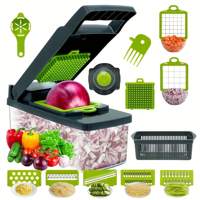16-In-1 Manual Food Processor And Vegetable Chopper - Multi-Functional Slicer And Dicer with Grater, Shredder, Strip Cutter, Chopper, And Container - One-Button Operation with Drain Basket, Suitable for Onions, Carrots, Potatoes