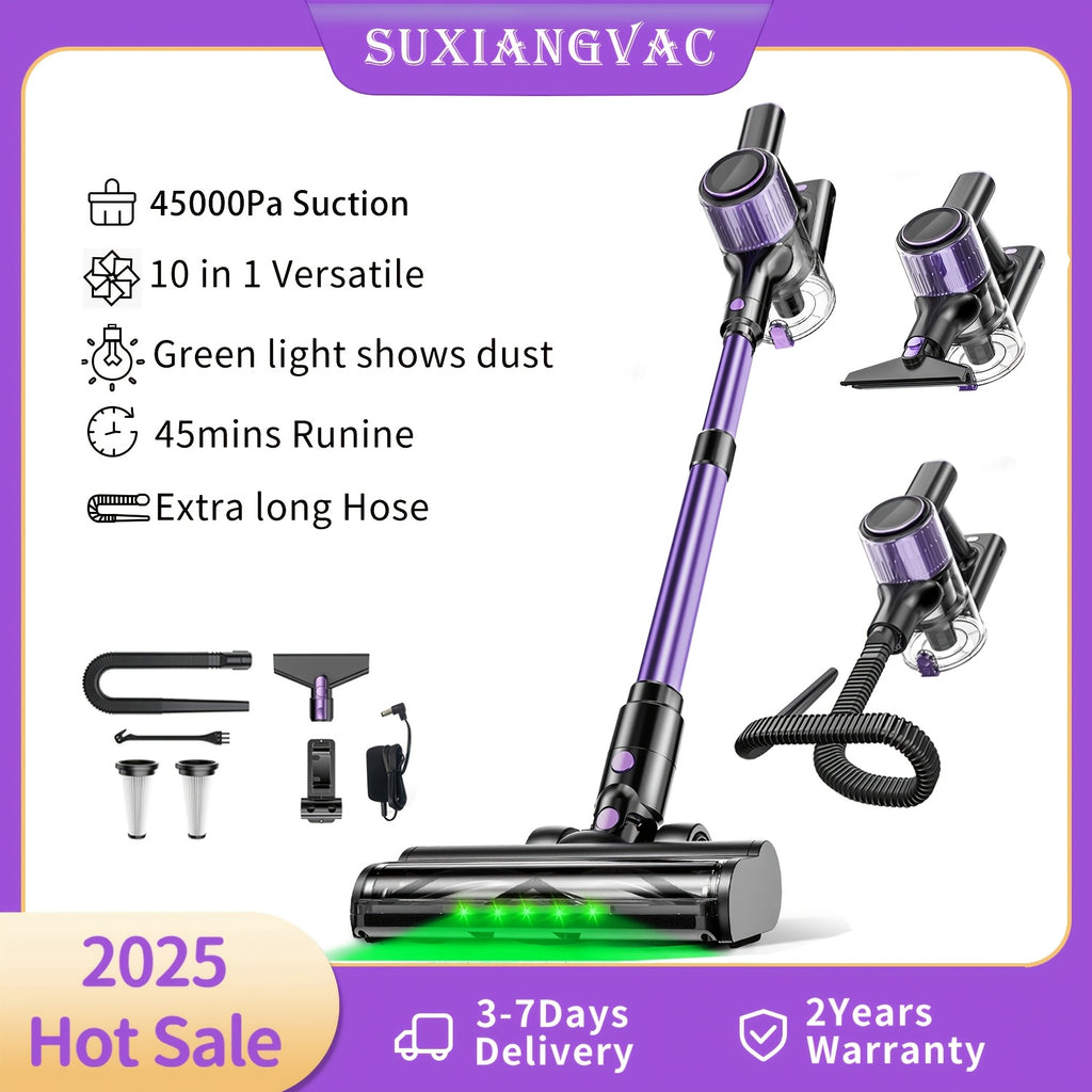 Cordless Vacuum Cleaner, 10in 1 Powerful Stick Vacuum, with Anti-Tangle Brush And Upgraded Green Light, 45mins Runtime Rechargeable Lightweight Vacuums for Hardwood Floor, Carpet, Pet Hair