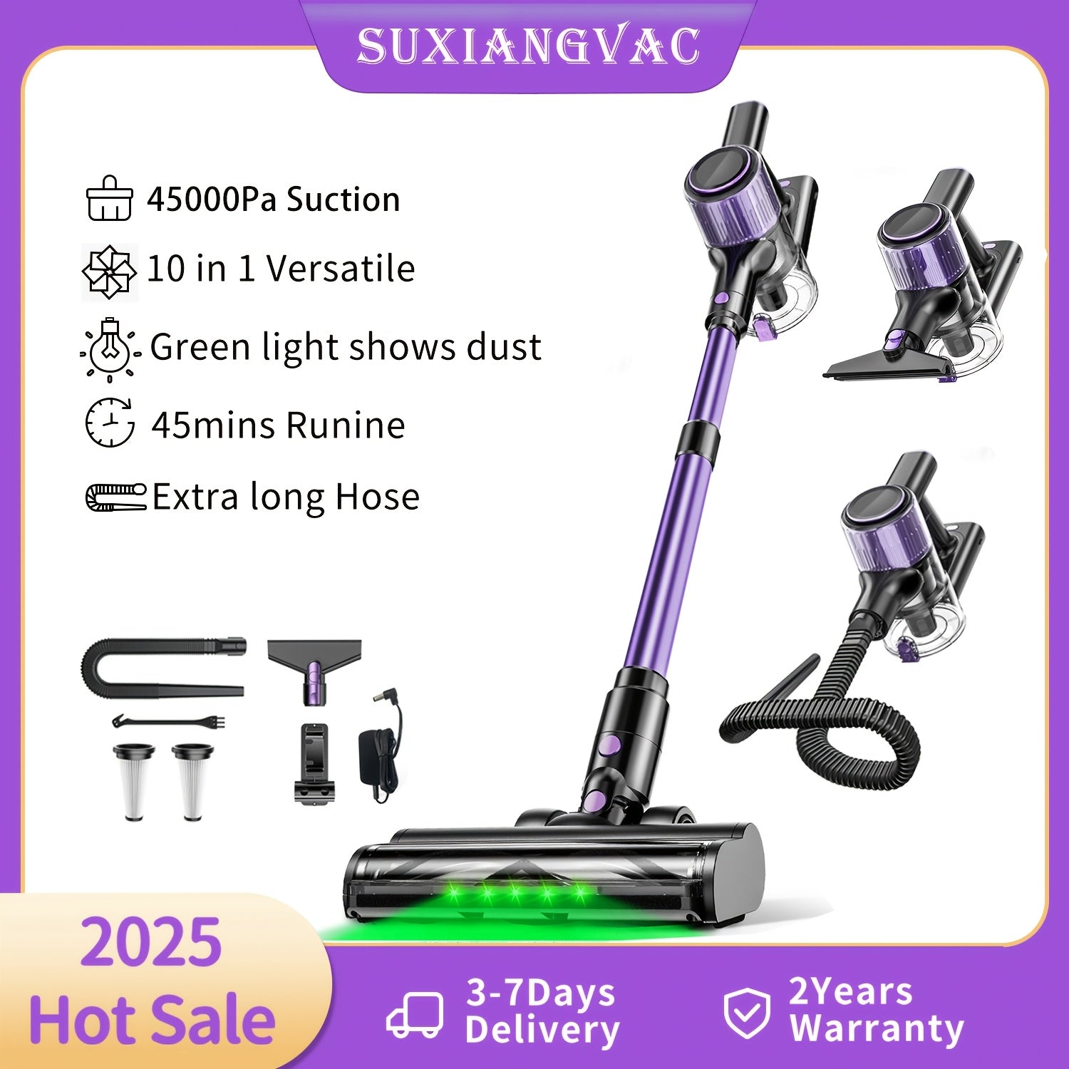 Cordless Vacuum Cleaner, 10in 1 Powerful Stick Vacuum, with Anti-Tangle Brush And Upgraded Green Light, 45mins Runtime Rechargeable Lightweight Vacuums for Hardwood Floor, Carpet, Pet Hair
